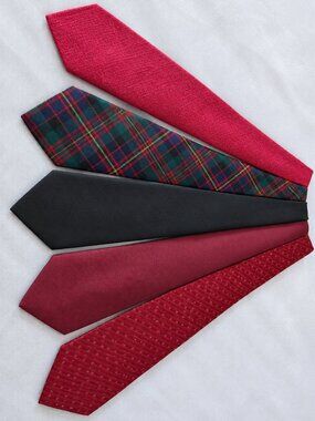 Lot of 5 Men's Classic Neckties - Red Tones, Clan Cameron Tartan & Solid Black
